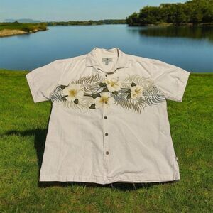 Island Shores  vintage Men's XL Hawaiian Floral Shirt Ivory Short Sleeve